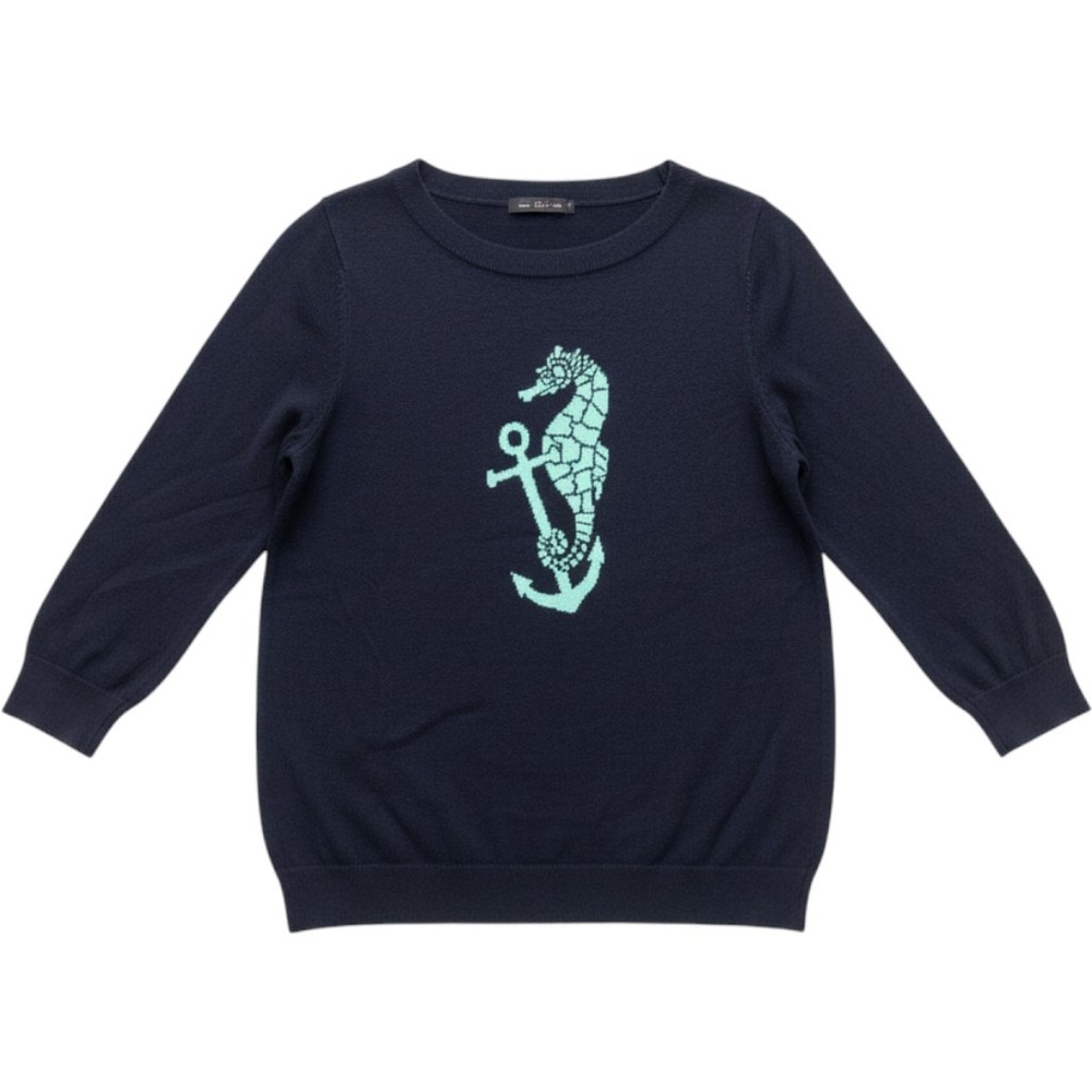Talbots Petites Mp Navy Blue Seahorse Anchor Intarsia Knit 3/4 Sleeve Sweater